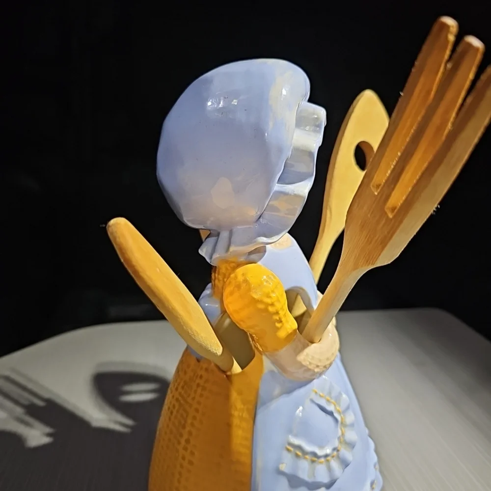 Vintage Sittre Ceramic Burlap Doll Utensil‎ Holder & Wooden Spoon 1979 Decor 11